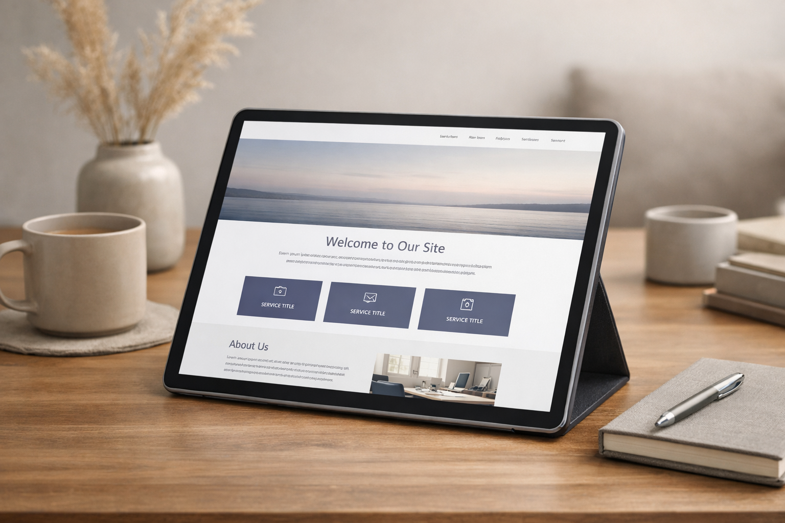 Lugn, fotorealistisk hero som visar en ensides layout i kontext (surfplatta eller laptop i vinkel). Betoning på fokus och negativt utrymme. Inga dashboards, ingen kod, ingen livsstilsstaging. Varma neutraler med subtil indigoaccent.